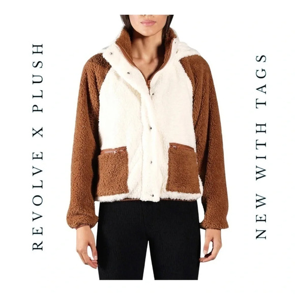 REVOLVE X PLUSH SHERPA COAT CREAM/BROWN IN COLOR SIZE XXL FULL ZIP/SNAPS BUTTONS - Picture 1 of 13
